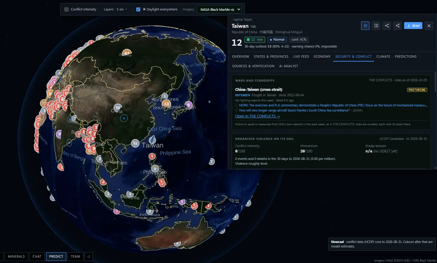 Taiwan's country brief on the 3D globe with NASA imagery: tension score, the cross-strait standoff and organised violence