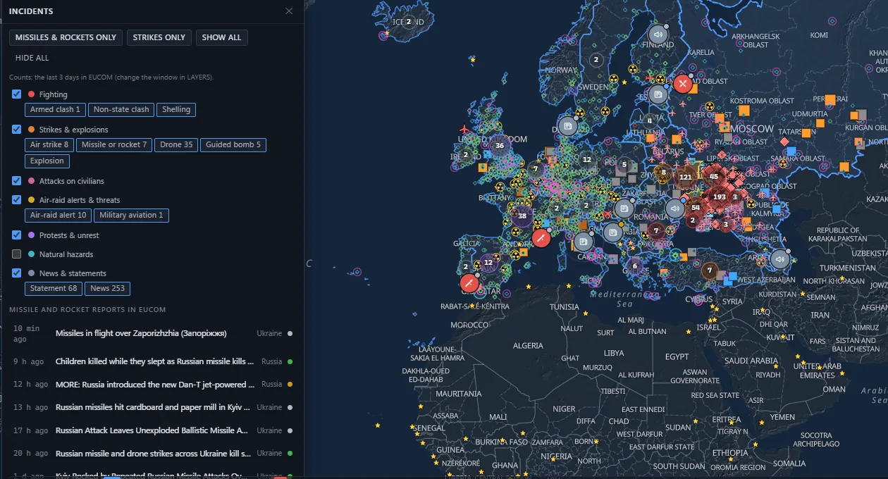 GIA's Incidents panel over Europe: switches and counts for each incident type, quick sets for missiles and rockets or strikes, and the latest missile and rocket reports