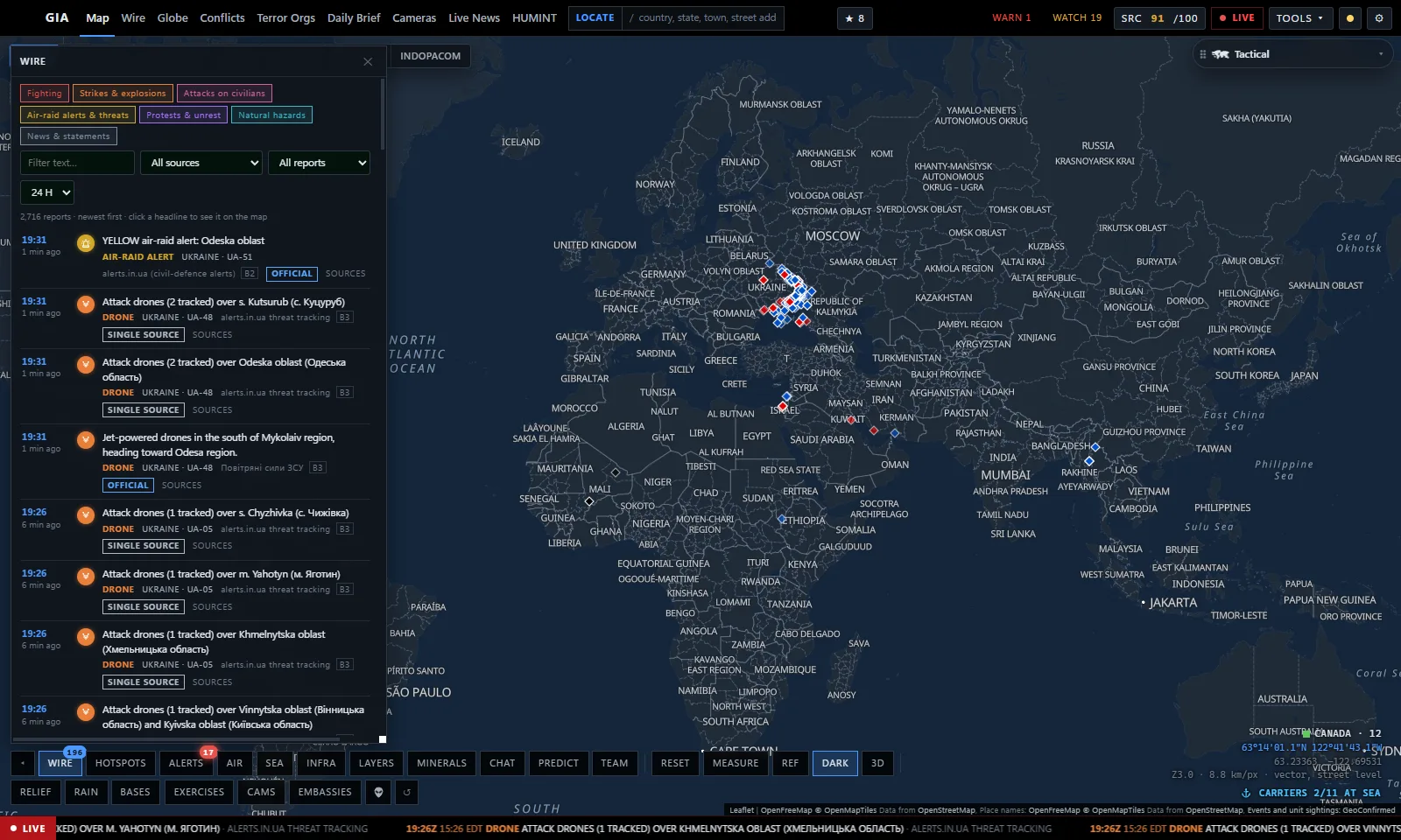 GIA's map with the Wire: live air-raid alerts and drone reports, each with its source, grade and verification status