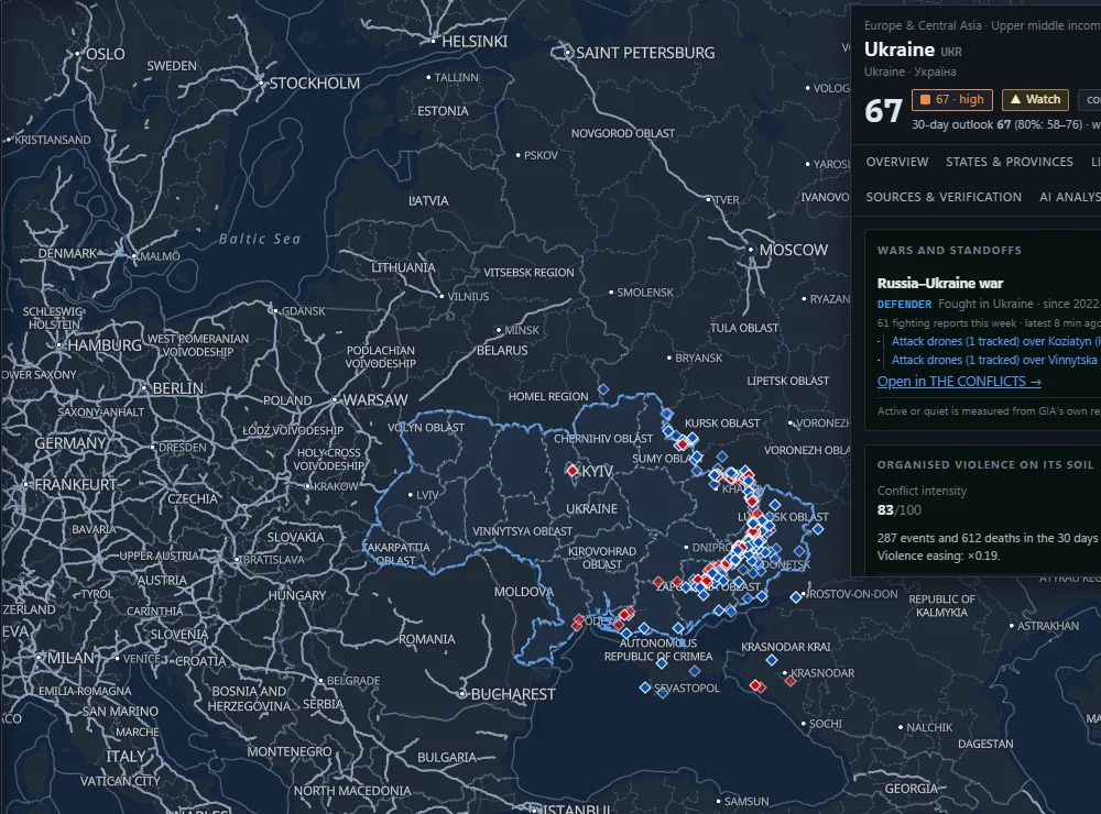 Map of Ukraine and the region with live strike and air-raid markers and the front line