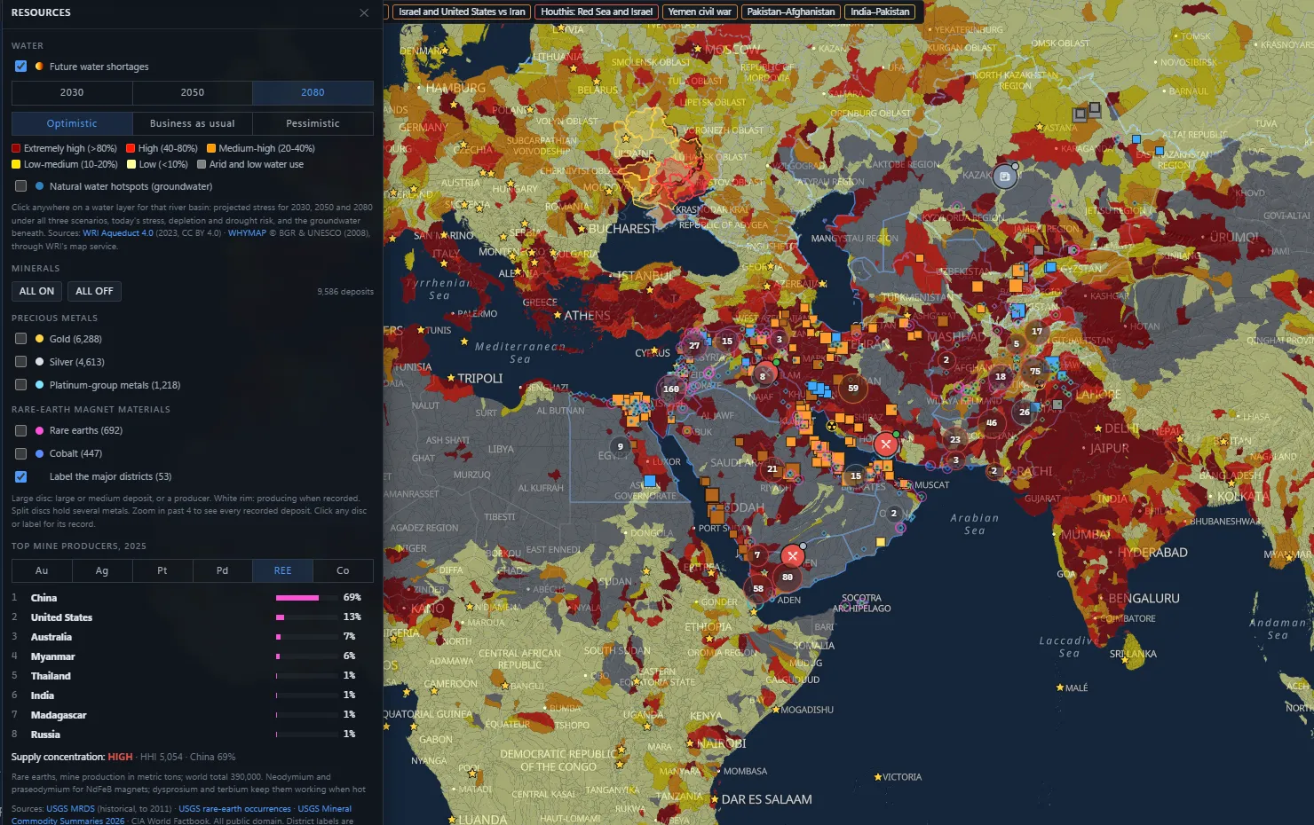 GIA's Resources panel with future water shortages: river basins coloured by projected water stress across Europe, the Middle East and Asia, beside mineral deposits and the top rare-earth producers