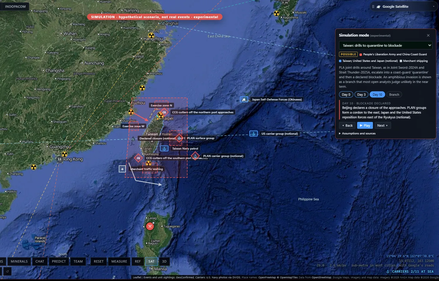 Simulation mode on the satellite map: the Taiwan scenario on Day 10, with a declared closure zone, coast-guard cutters, carrier groups and diverted shipping, under a banner marking it hypothetical