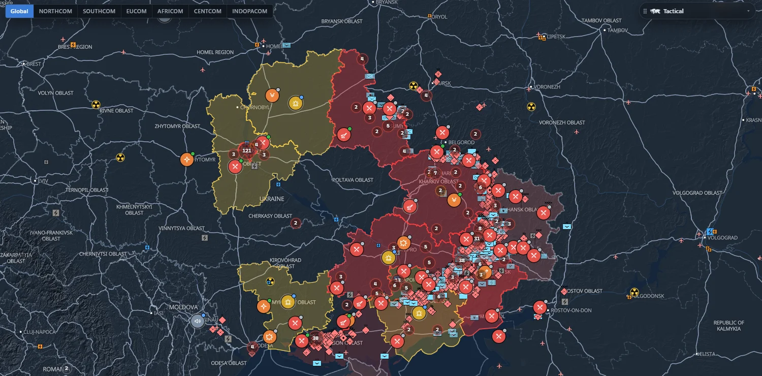 The Russia–Ukraine front on GIA's map: Ukrainian units in blue and Russian units in red, drawn with NATO military symbols, among strike and fighting reports
